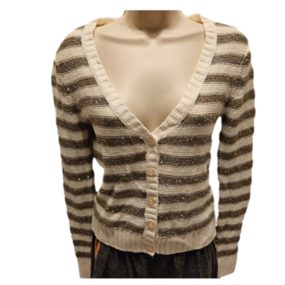 Arizona Jeans Co Cropped Striped Sequin Cable Knit Sweater - Picture 7 of 16